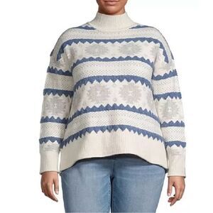 a.n.a Whisper Pattern Sweater Ivory Blue Knit Pullover Mock Neck 2X NWT